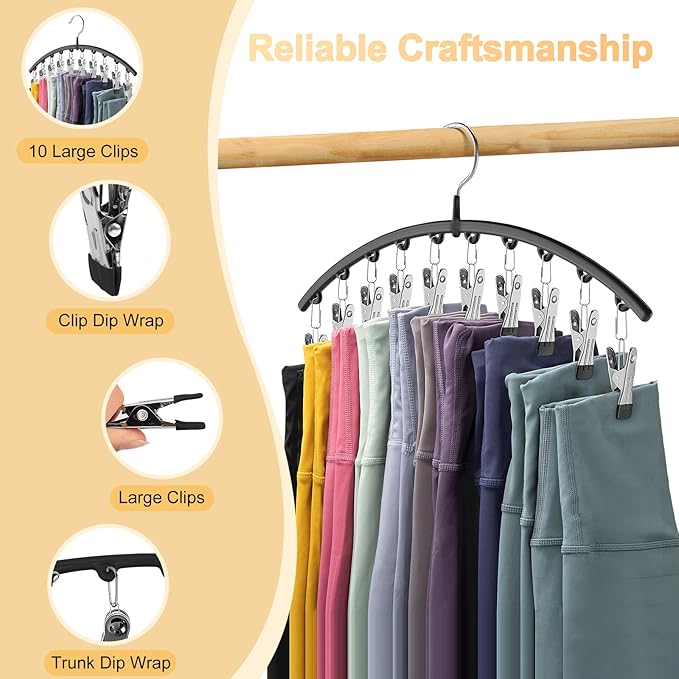 Volnamal Legging Organizer for Closet, 2 Pack Metal Yoga Pants Hangers w/10 Clips Holds 20 Leggings, Space Saving Hanging Closet Organizer w/Rubber Coated Closet Organizers and Storage, Black