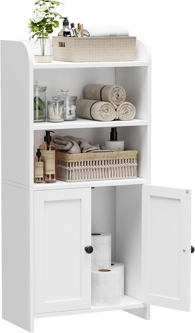 Homhedy Small Bathroom Storage Cabinet, Freestanding Toilet Paper Storage with 2 Doors and Shelves, Bathroom Organizers and Storage for Small Spaces, Laundry Room, 7.9" D x 14.6" W x 31" H, White