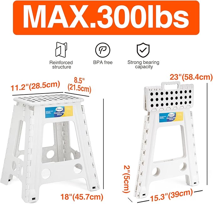 Korpai 18" Folding Step Stool for Adults and Kids Holds Up to 300 lbs,Non-Slip Folding Stools with Portable Handle, Compact Plastic Foldable Step Stool for Bathroom,Bedroom, Kitchen, White,1PC