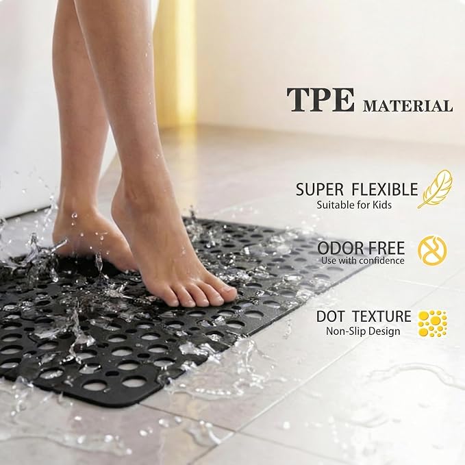Nonslip Bath Tub Shower Mat with Suction Cups, Extra Soft TPE Bath Mat for Kids, Bathtub Bathroom Mats, Machine Washable, Smooth/Non-Textured Tubs Only, 35L x 16W Inch(Black)