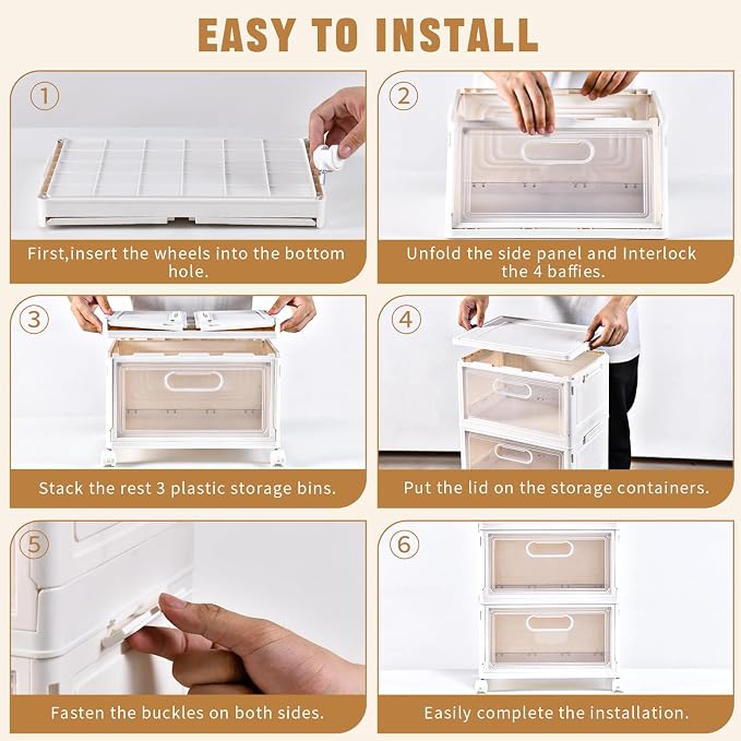 Freebat 4-Tier Stackable Storage Bins with Lid, 23QT Storage Containers,Clear Foldable Plastic Drawer Storage on Wheels,Closet Organizers and Storage for Living Room,Bedroom,Office,Dorm