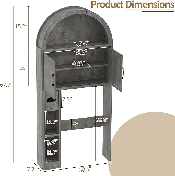 Spurgehom Over The Toilet Storage Cabinet, Bathroom Shelf Organizer Freestanding, Bathroom Arch Cabinet Over Toilet with Toilet Paper Holder and Anti-Tipping Device, Grey