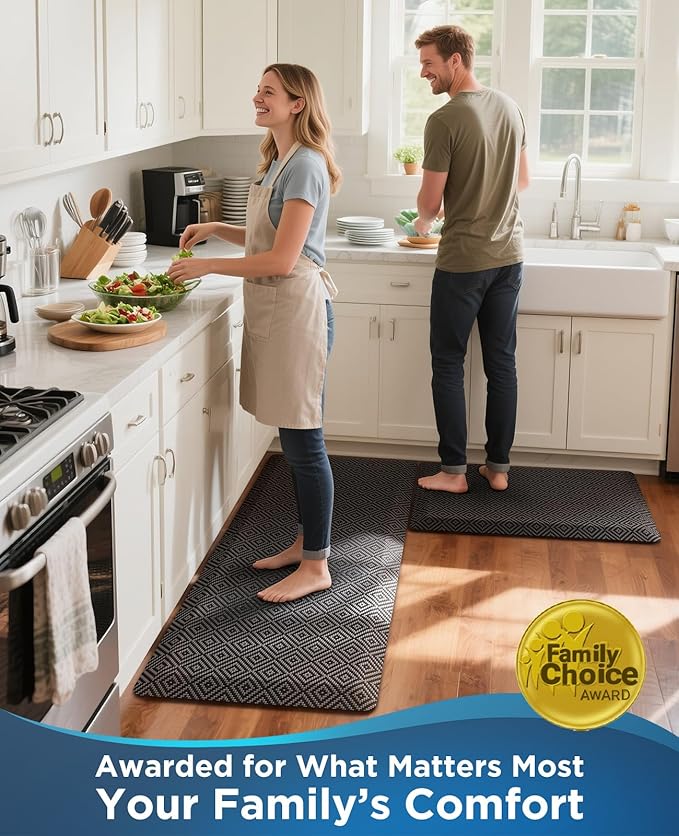 Ophanie Kitchen Mats for Floor, 3/4 Inch Thick Kitchen Rugs, 20'' x 60'' Anti Fatigue Standing Cushioned Mat, Waterproof,Comfort Ergonomic Mat for Office, Home, Sink, Black Non-Slip Bottom