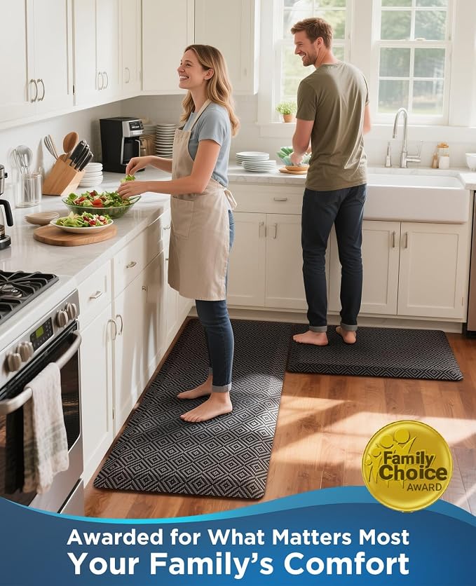 Ophanie Anti Fatigue Cushioned Mat, 3/4 inch Thick, 20x48 Kitchen Mats for Floor, Kitchen Rugs, Waterproof, Comfort Ergonomic Standing Mat for Office, Home, Standing, Black Non-Slip Ridged Bottom