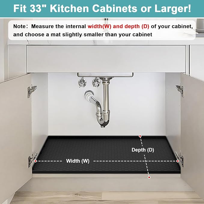 Under Sink Mats for Kitchen Waterproof 31" x 22", Silicone Under Sink Mat and Protectors, Under The Sink Organizer for Kitchen and Bathroom Black