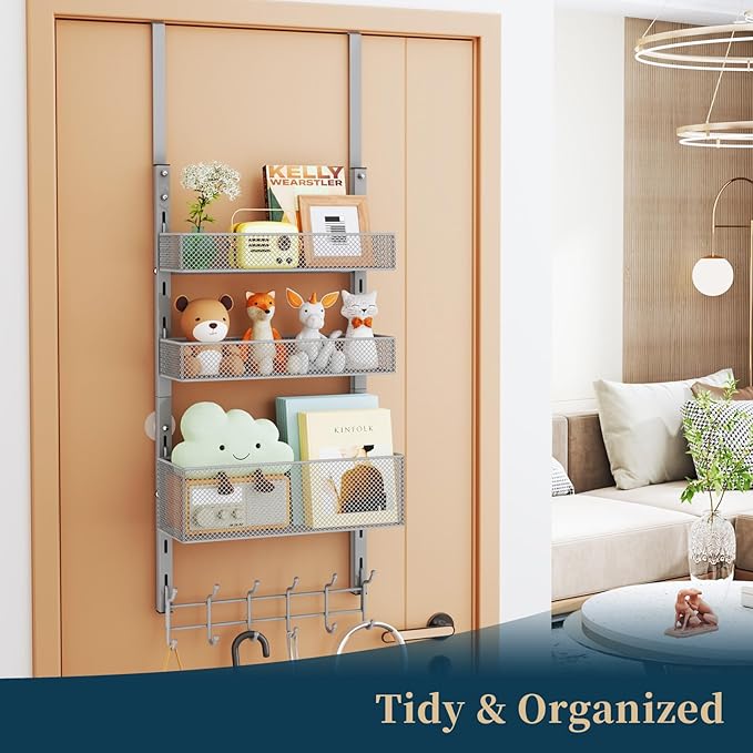 Consumest Over The Door Hooks Organizer - 4 Tier Door Coat Rack with 3 Baskets & 12 Hooks, Stainless Steel Towel Hanger for Bedroom, Bathroom, Living Room, Silver