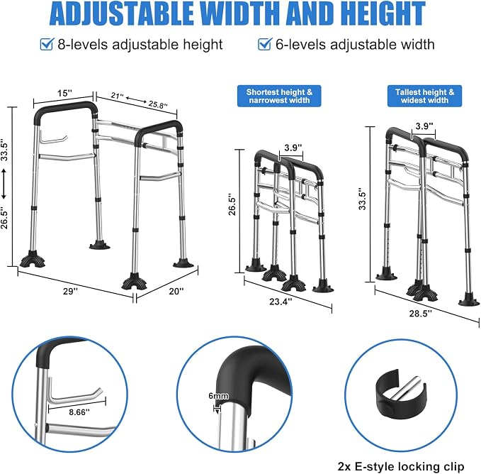 Toilet Safety Rails, Stainless Steel Adjustable Toilet Frame with Soft Handles&Tissue Holder, 380LBS Foldable Detachable Toilet Safety Frame for Elderly, Seniors, Handicap & Disabled