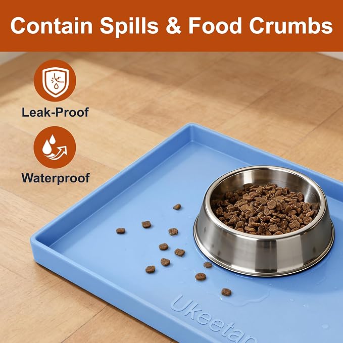 ukeetap Extra Thick Silicone Mat Waterproof with Raised Edge 19” x 12”, BPA Free Non-Slip Dog & Cat Food Mat, Feeding Mat for Food and Water Bowls, Spill Proof Mat to Protect Floors, Blue