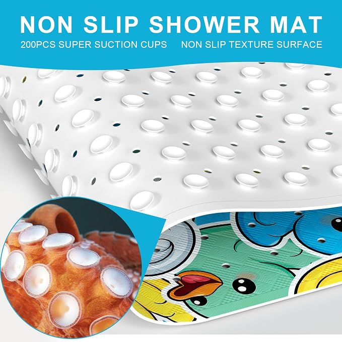 XIYUNTE Baby Bath Mat for Tub Non Slip Kids, BPA Free Extra Long Bathtub Mat 40x16 with Drain Holes and 200 Suction Cups, Non Toxic Machine Washable Toddler Bath Mat, Eco-Friendly Certified