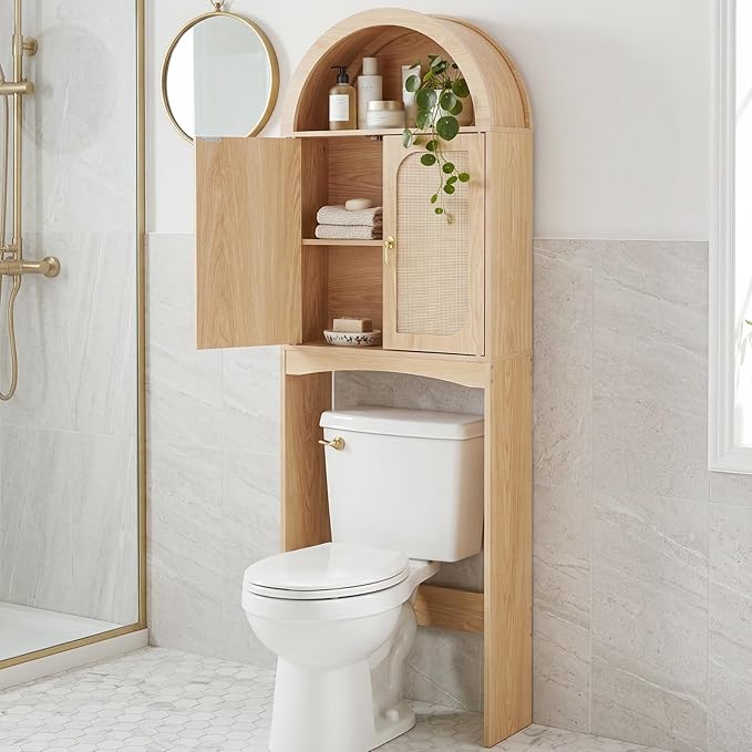 HOOBRO Arched Rattan Over the Toilet Storage Cabinet, 68.1'' Bathroom Organizer with Doors, Bathroom Storage Cabinet with Adjustable Shelf, Wooden Space Saver for Small Bathroom, Natural NL25TS01
