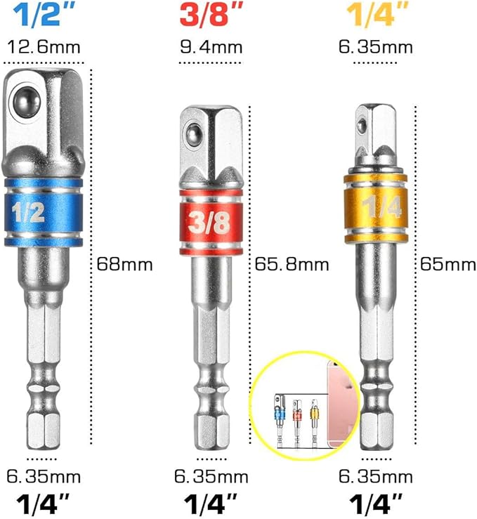 CIGOTU Impact Grade Socket Adapter/Extension Set Turns Power Drill Into High Speed Nut Driver,1/4-Inch Hex Shank to Drive for Adapters to Use with Drill Chucks, Sizes 1/4" 3/8" 1/2", Cr-V, 3-Piece