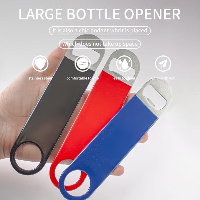 7" Rubber Grip Stainless Steel Flat Bottle Opener, Black Red Blue Sturdy and Durable 3 Pcs Gifts for Friends, Suitable for Bar Bartender Men and Women Kitchen Restaurant Party