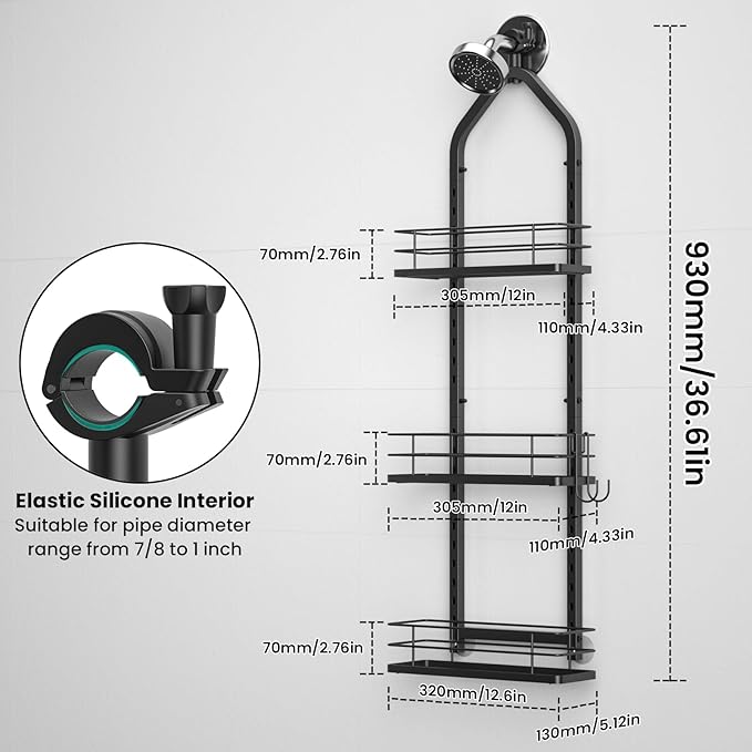 Shower Caddy Hanging, Adjustable Anti-Swing-Over The Shower Head Caddy, 3 Tier Stainless Steel Bathroom Storage Organizer Bathroom Shelves Basket Rack Shower Caddies (3Tier)