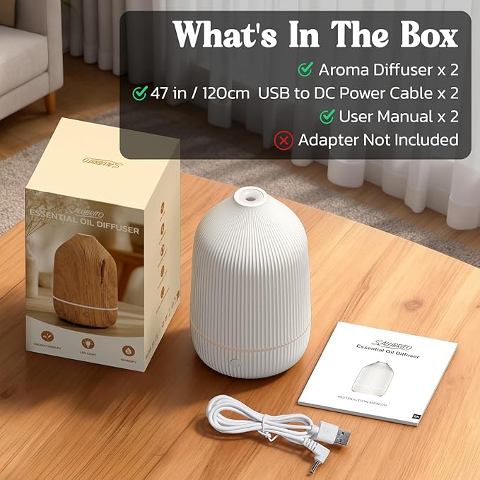 Essential Oil Diffuser, 2Pack, 100ml Aromatherapy Diffuser, Mini Ultrasonic Diffuser for Essential Oil, Home, Office, Cool Mist Humidifier with 7 Led Light, Auto Shut-Off, White