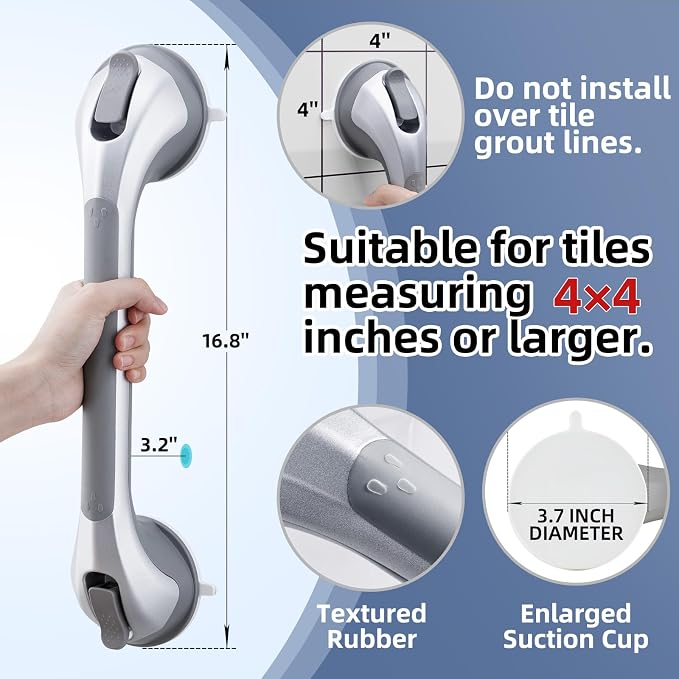 Grab Bars for Bathtubs and Showers 2 Pack Shower Handle, Heavy Duty Suction Grab Bar Bath Handrails for Seniors and Elderly, Bathroom Safety Grip No Drilling Waterproof Removable, Silver