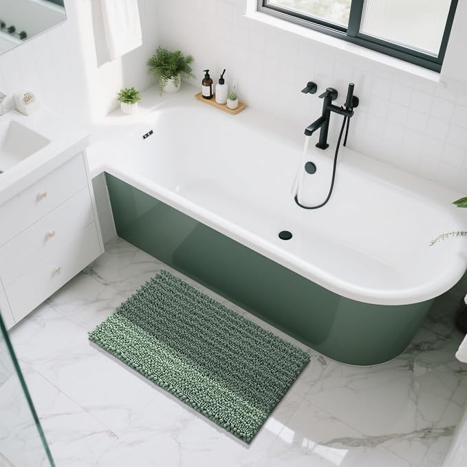 Yimobra Large Bathroom Rugs Non Slip Washable 36x24 Inch - Ultra Soft Absorbent Chenille Bath Mat, Quick Dry Shaggy Floor Carpet for Tub Shower, Green Home Decor Accessories