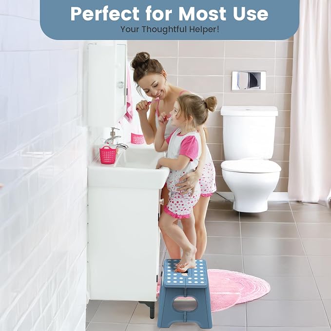 HBTower Folding Step Stool 9 Inch - Holds 600 lb, Non-Slip Surface & Carry Handle - Sturdy Step Stool for Kids, Toddlers & Adults - Compact Foldable Foot Stool for Kitchen, Bathroom, Bedroom(Blue)