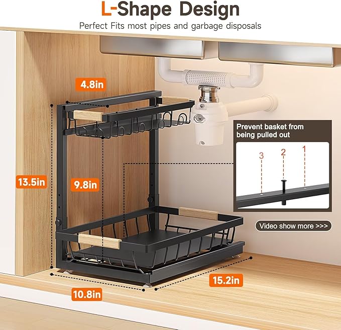 Sevenblue 2 Packs Under Sink Organizer, Height Adjustable 2 Tier Under Kitchen Sink Organizer, Multi-Purpose Storage Shelf for Kitchen Bathroom Cabinet (Black, Extra Large)