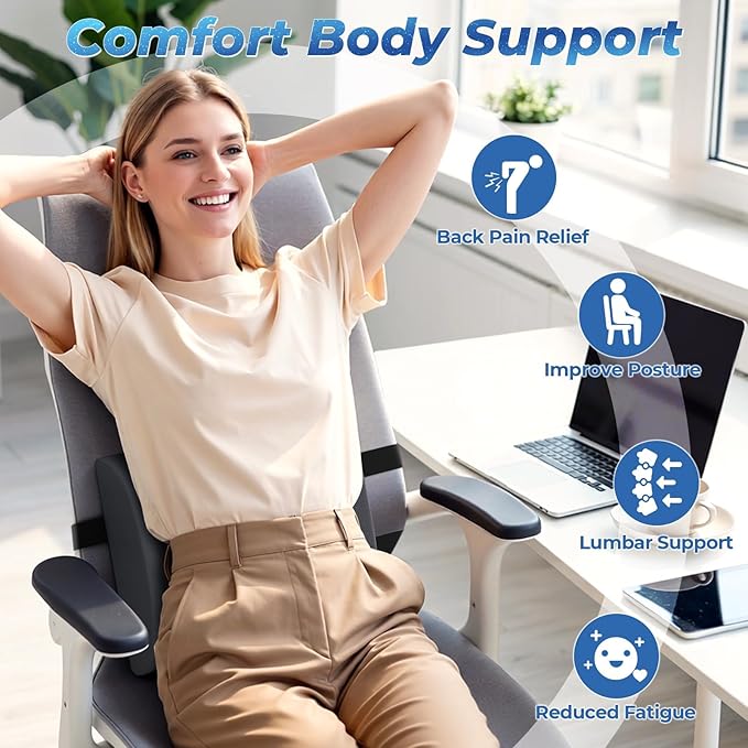 Lumbar Support Pillow for Office Chair Back Support - Memory Foam Lumbar Pillow for Car or Gaming Chair, Ergonomic Back Cushion with Adjustable Strap for Long-Hour Sitting (Grey)