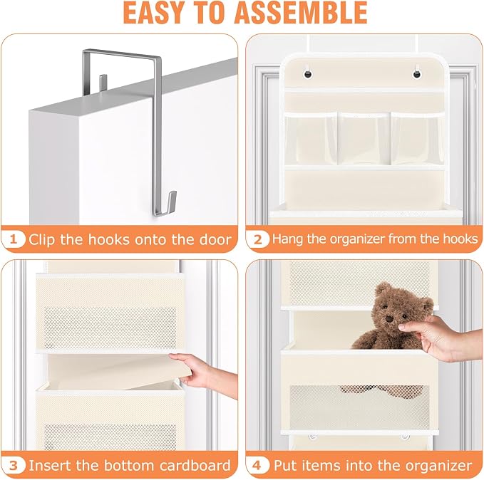 WISELIFE Over the Door Organizer - 6 Shelves Detachable Hanging Bedroom Storage Solution with 5 Large Pockets and 3 PVC Pockets for Dorm Bathroom, Pantry Nursery Baby Essentials (Beige)
