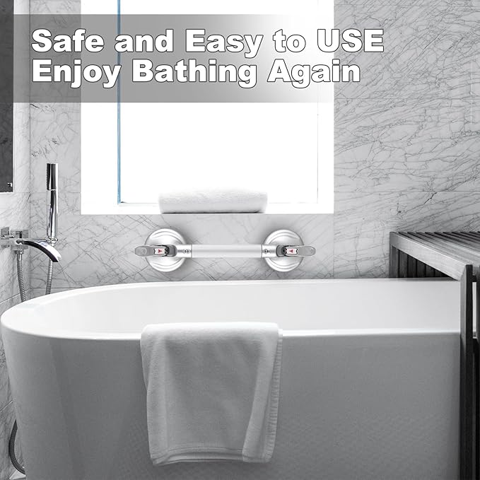 17-Inch Shower Handle - Upgraded Grab Bar with Strong Suction Cups for Bathtub & Shower Safety, Ideal for Seniors, Elderly, Disabled -Silver