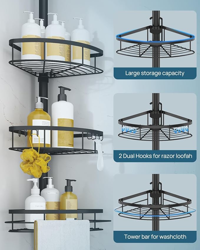 SEIRIONE Rustproof Shower Corner Caddy Organizer for Bathroom, 4-Tier Adjustable Bathroom Shelf with Tension Pole, Solid Rack Ideal for Bathtub Storage, 34 to 116 Inch Height, Black