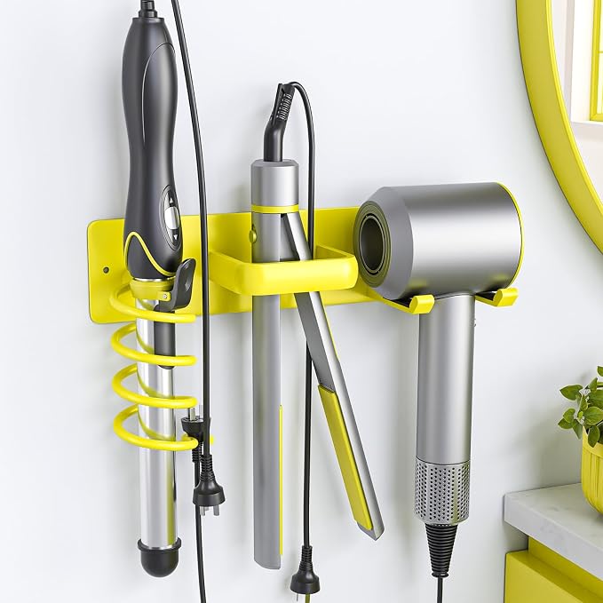 Tindbea Hair Dryer Holder Wall Mount Aluminum Alloy Hot Tools Organizer | Heavy Duty, Bright Yellow