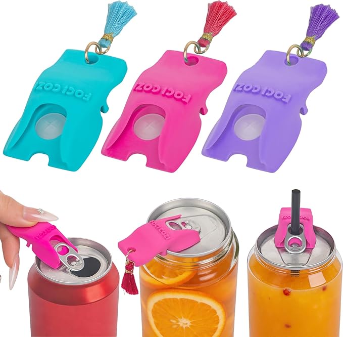 Soda Can Tab Opener Tools 3PCS – 3D Printed Rotates to Cover Can Top, Pop Top Opener with Silicone Straw Hole, for Beach Outdoor & Lipstick Lovers