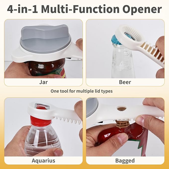 4-in-1 Jar Opener for Weak Hands, Adjustable Lid Opener with Silicone Grip Pad, Easy Open Kitchen Tool for Seniors, Bottles, Caps & Jars