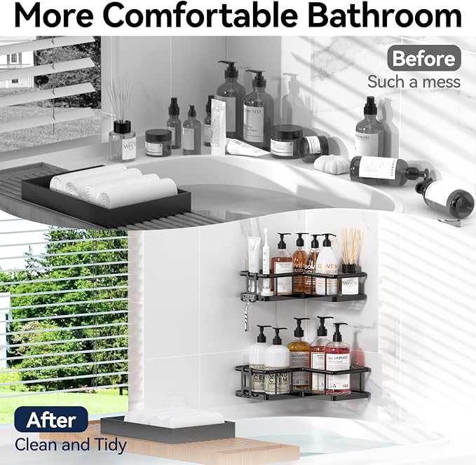 YASONIC Corner Shower Caddy Adhesive, 100% Rustproof Shower Organizer, No Drill Shower Shelf for Inside Shower, Wall-Mounted Shower Storage for Homes (2 Pack, Black)