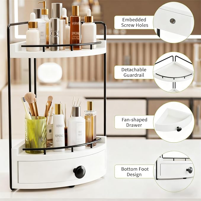 2-Tier Corner Bathroom Counter Organizer with Drawer & Embedded Screw Holes - Wooden Countertop Organizers for Skincare, Makeup Storage, Bathroom Sink Counter Shelf for Vanity, White