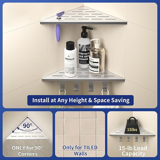 Corner Shower Shelf w/Hooks, Grout in Bathroom Shelves for Tiled Wall, 304 Stainless Steel Recessed Shower Shelf (Brushed, 10''-2pcs)
