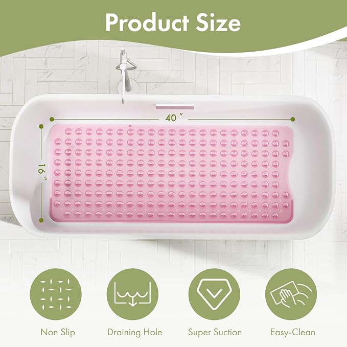 AmazerBath Shower Mat Non Slip 40 x 16 Inches, Shower Stall Mats with Suction Cups and Drain Holes, Non Slip Bath Mat for Tub for Elderly & Kids, Clear Pink
