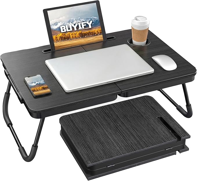 BUYIFY Foldable Laptop Bed Desk for Couch, Sofa - Large Lap Desk Tray Table with Cup Holder and Tablet Slot - Portable Notebook Stand for Eating, Writing, Studying and WFH -NEW-006-USA Original Patent