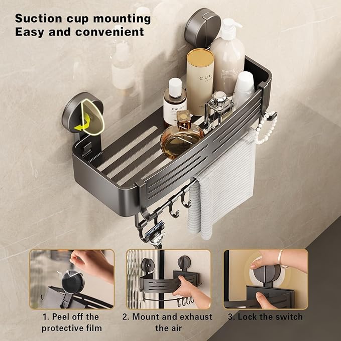 VOLPONE Shower Caddy Suction Shower Shelf No Drilling Shower Organizer Suction Cup Shower Storage Rack Aluminum Wall Mounted Shampoo Holder with Towel Bar Hooks (2-Pack, Matte Gray)