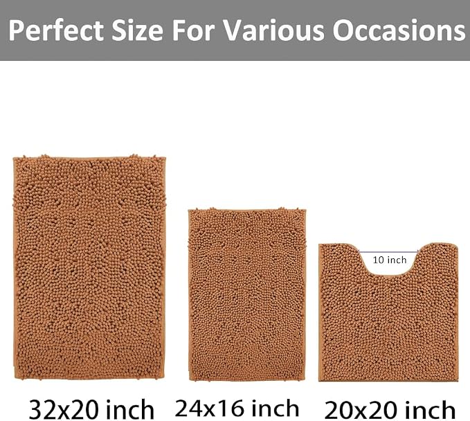 Bathroom Rugs Sets 3 Piece Non Slip Extra Absorbent Shaggy Chenille Batroom Rugs and Mats Sets, Soft & Dry Bath Rug/Mat Sets for Batroom Washable Carpets