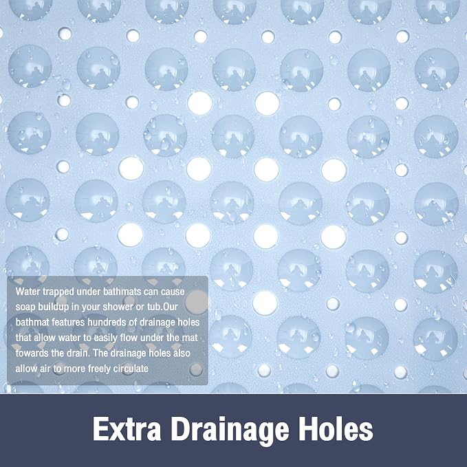 Extra Long Bathtub Mat Non Slip, Light Blue Soft Bath Mat for Tub 40 x 16 Inch Full Size, Bath Tub Shower Mats for Bathroom Floor, Big Suction Cups and Drain Holes, Easy Washable, BPA Free