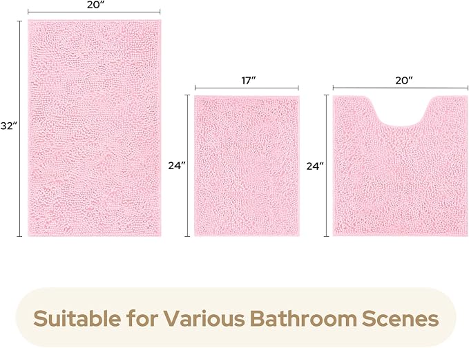 HOMEIDEAS 3 Pieces Bathroom Rugs, Ultra Soft Non Slip Absorbent Chenille Toilet Bath Mat Set (Light Pink)