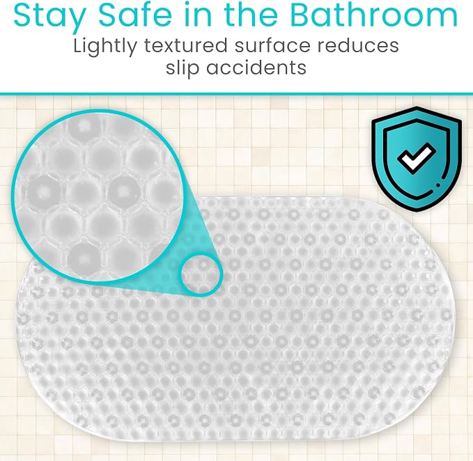 Vive Oval Bathtub Mat - Nonslip Shower Floor Pad - Non-Slip and Non-Skid for Bath Tub with Strong Rubber Suction Cup Grip - for Baby, Elderly, Kids, Bathroom (Gray)