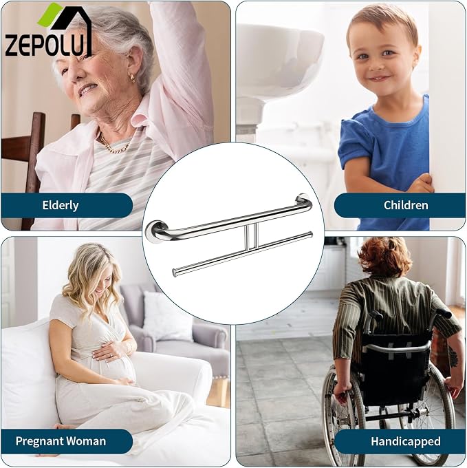 Chrome Double Toilet Paper Holder w/Safety Bar 24 inch, Zepolu 2-in-1 Assist Bar Balanced Support Handle, Stainless Steel Handrail Wall Mounted Bathroom Toilet Grab Bar for Senior Elderly Handicap