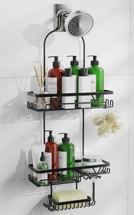 DAOYA Shower Caddy Hanging, Anti-Swing Over Head Shower Caddy, Rustproof Bathroom Organizer with Soap Holder & Hooks