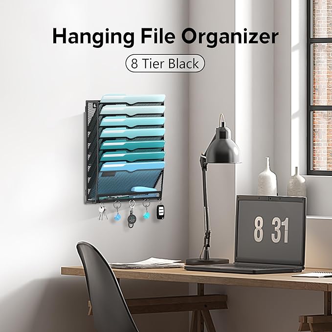 2 Pack 8-Tier Hanging Wall File Organizer with 5 Hooks, Mesh Wall File Holder Vertical Mount Mail Organizer for Papers, Folders, Magazines, Bills, Office and School, Black
