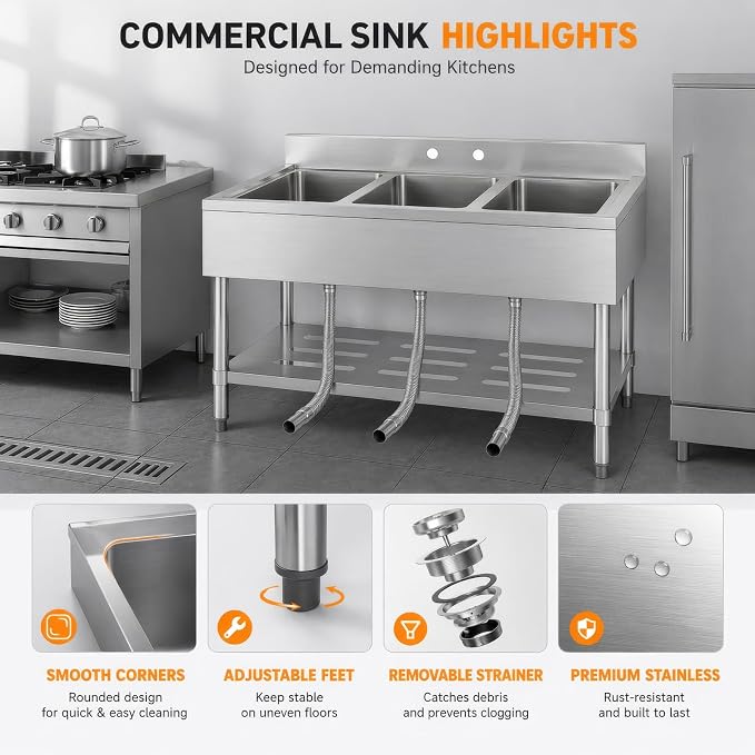 Stainless Steel Utility Sink, 39 x 19 x 33 Inch Freestanding Single Bowl Laundry Sink With Workbench Top, Deep Basin for Garage, Basement, Laundry Room, Faucet-Ready Design