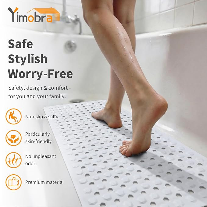 Yimobra Bathtub Mat Non Slip, 34.5"X15.5" Long Shower Mat for Inside Shower, Machine Washable Bath Mat with Drain Holes & Strong Suction Cups, Soft on Feet, Bathroom Essentials, White