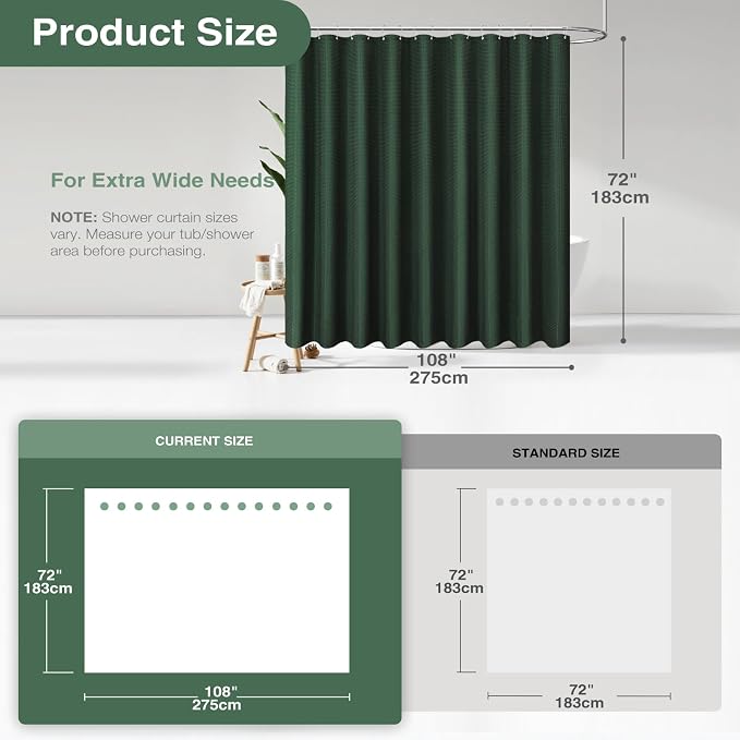 Dynamene Extra Wide Shower Curtain-108 Inch Wide Waffle Weave Weighted Thick Cloth Bathroom Shower Curtain, Neutral Heavy Duty Hotel Bath Curtain Set with 18 Plastic Hooks,108x72, Dark Green