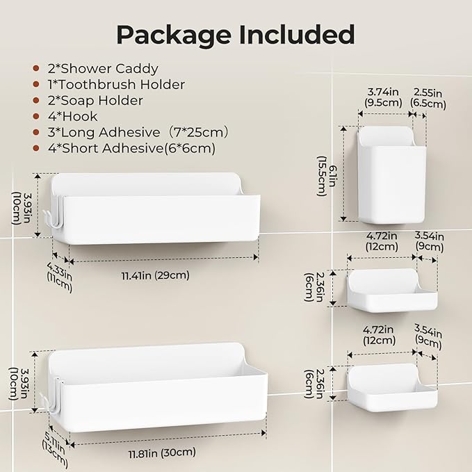 Orimade Shower Caddy 5-Pack, No-Drill Adhesive Shelves for Bathroom, Rustproof ABS Storage Organizer Set, White