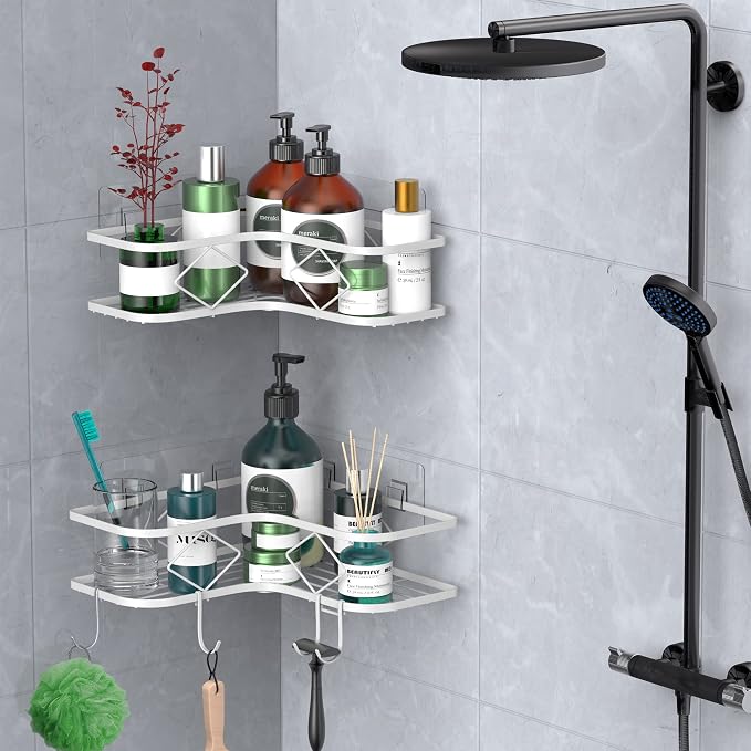 Shower Caddy, 2 Pack Corner Organizer Shelf, Rustproof Wall Mount Shower Storage Rack, No Drilling, 40 lbs Capacity (Glossy White)