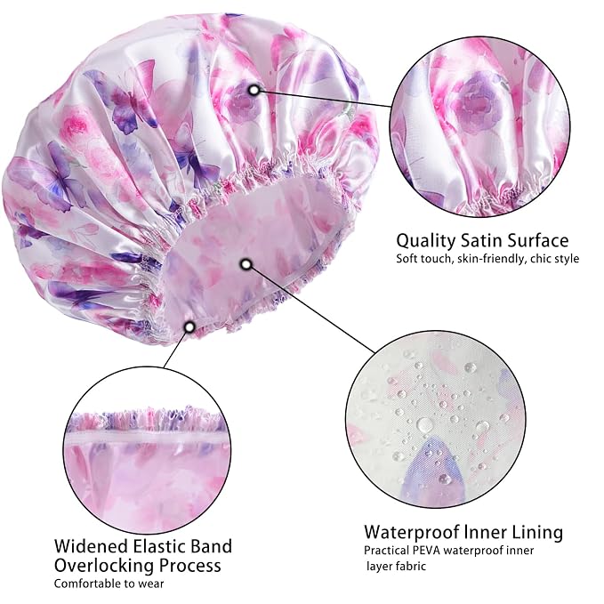 4 PCS Shower Cap for Women, Elastic and Reusable Bath Caps, Double Layers Shower Caps Reusable Waterproof, Bathing Shower Caps, Environmental Bath Hair Protection Cap - Butterfly C