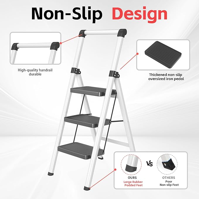 Foldable Step Ladder Stool for Home,3 Step Stool with Wide Anti-Slip Pedal, Heavy Duty 600Lbs Ladder for Indoor Kitchen Closet Stair Use, Black Grey