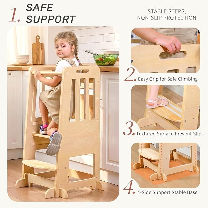 WINGYZ Toddler Tower - Anti-Tip Natural Wood Learning Stool Helper for Kids 18M-6Y, 150lb Capacity Kitchen Stool with 3-Height Adjustable Platform and Sliding Door Access, 20lb Portable Design, Wood